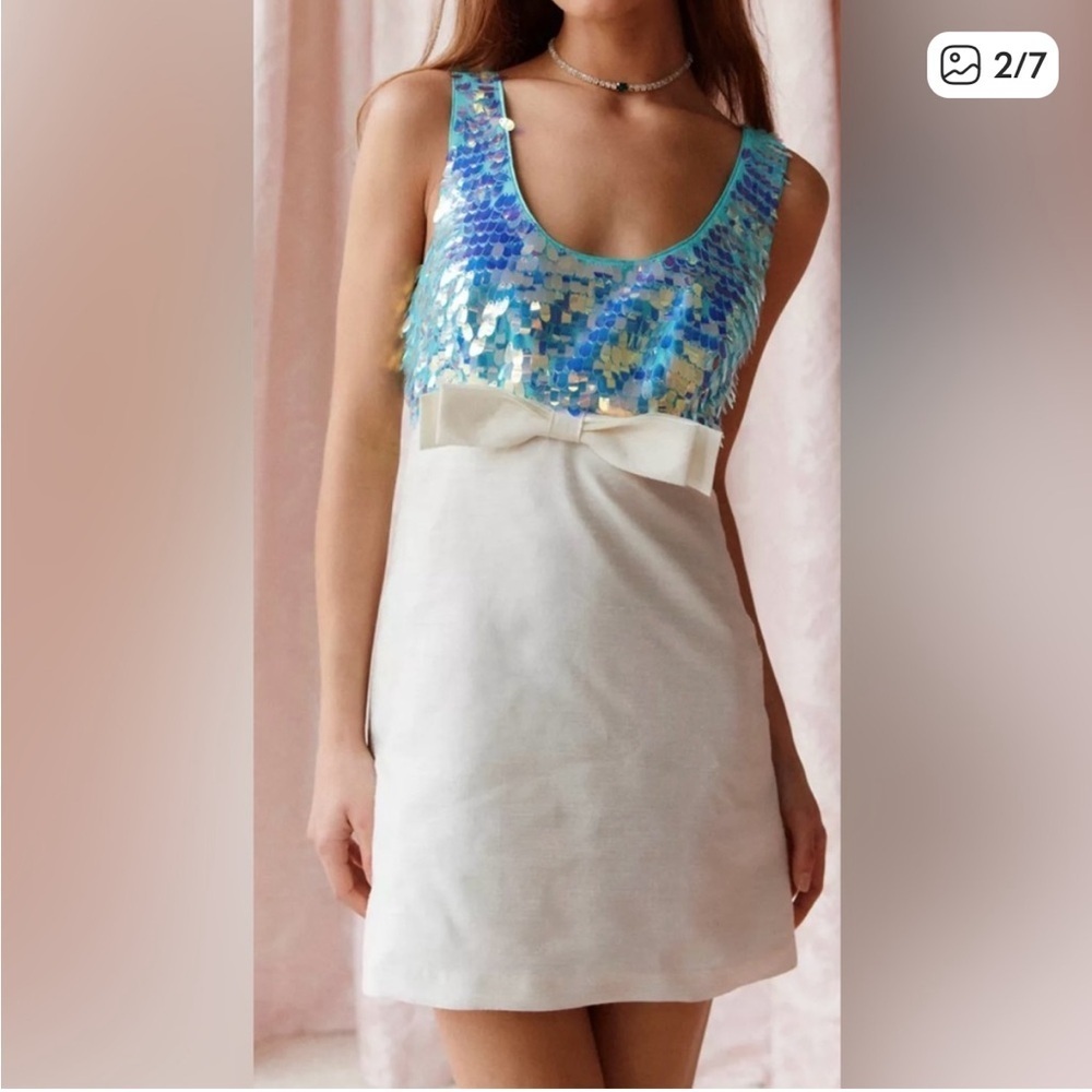 URBAN OUTFITTERS NWT Sequin IVORY AND BLUE DRESS with Bow